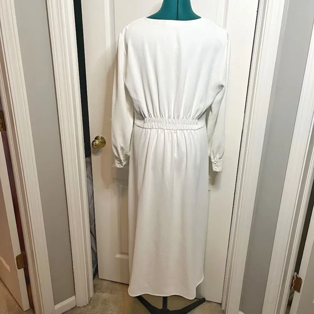 Zara Midi V Neck Button Down Front Smocked Polyester Textured Long Sleeve Dress - Picture 2 of 15